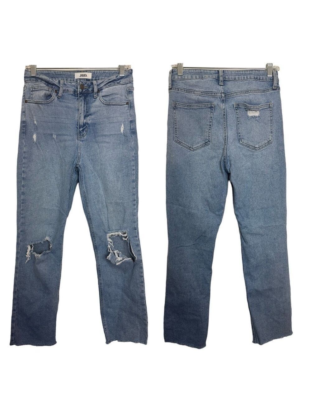 Just Black Denim Distressed Destroyed Light Wash Straight Leg Raw Hem Blue Jeans